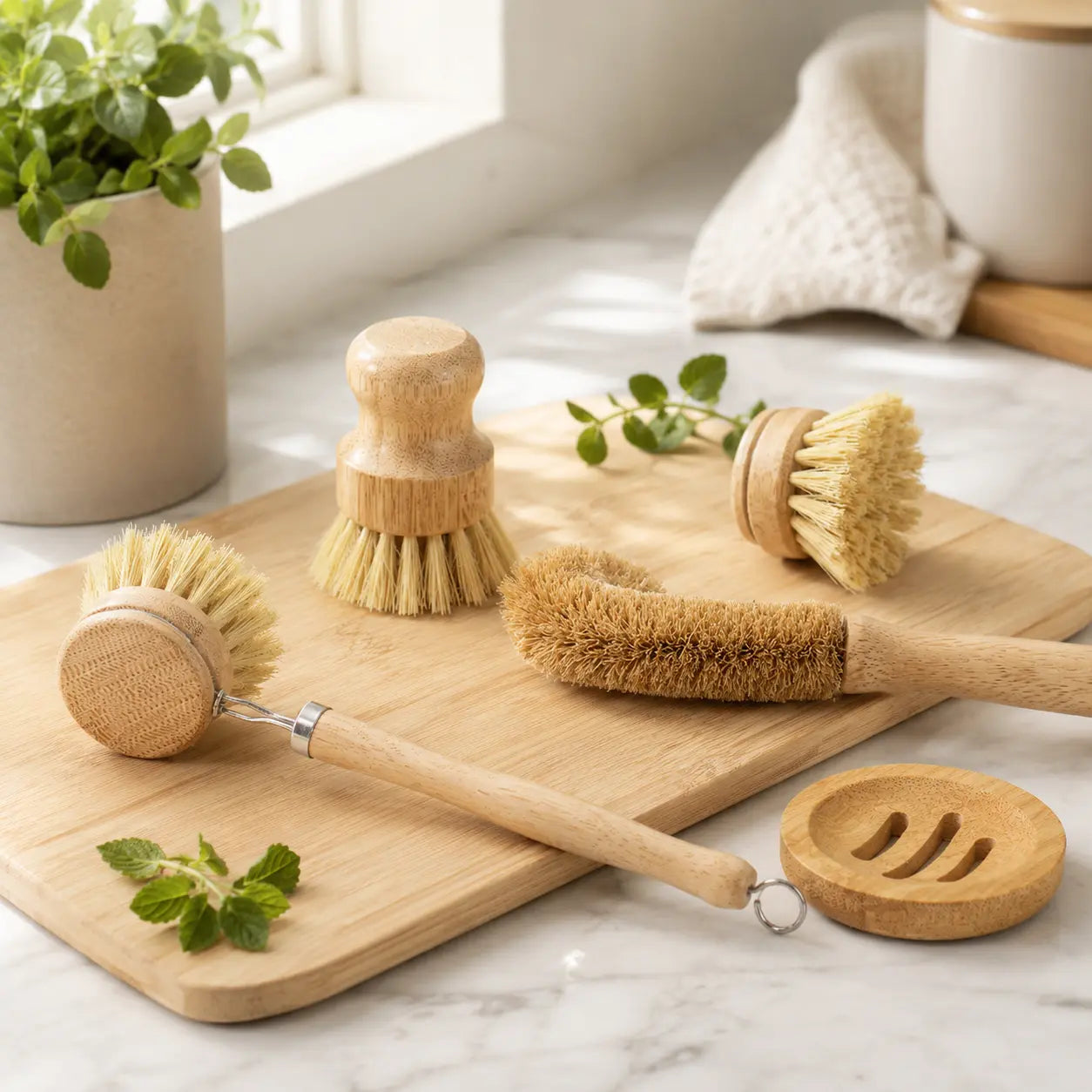 Bamboo Kitchen Brush Set — Natural Sisal & Coconut Bristles