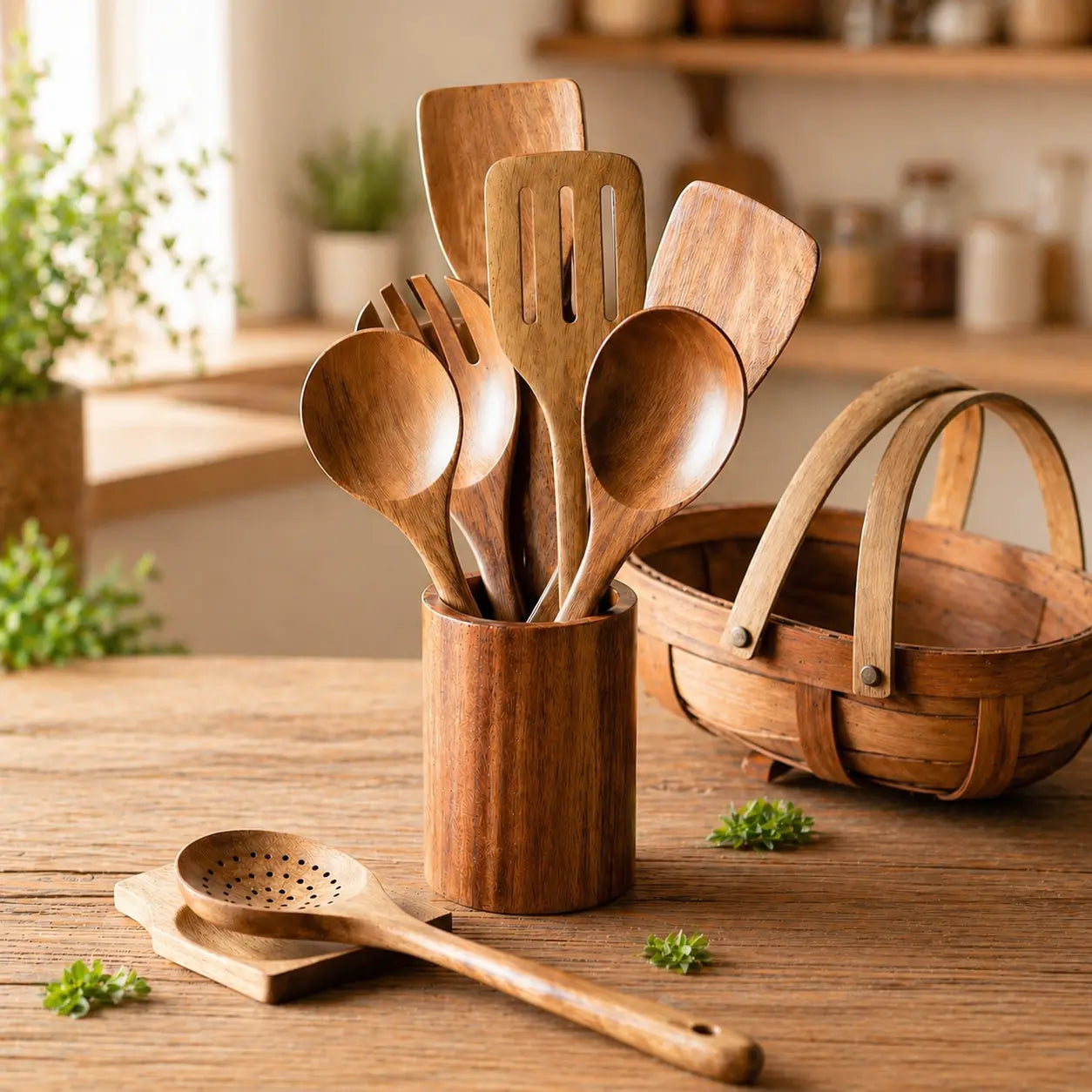 Teak Wood Kitchen Utensil Set — 9 Piece with Holder
