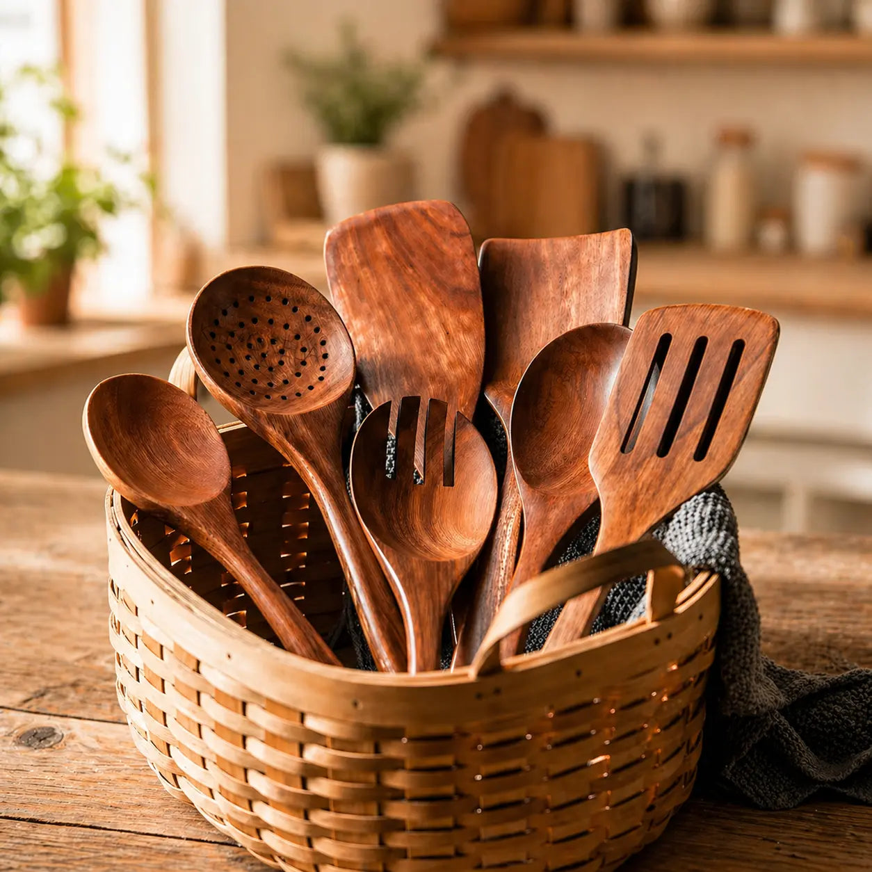 Teak Wood Kitchen Utensil Set — 9 Piece with Holder