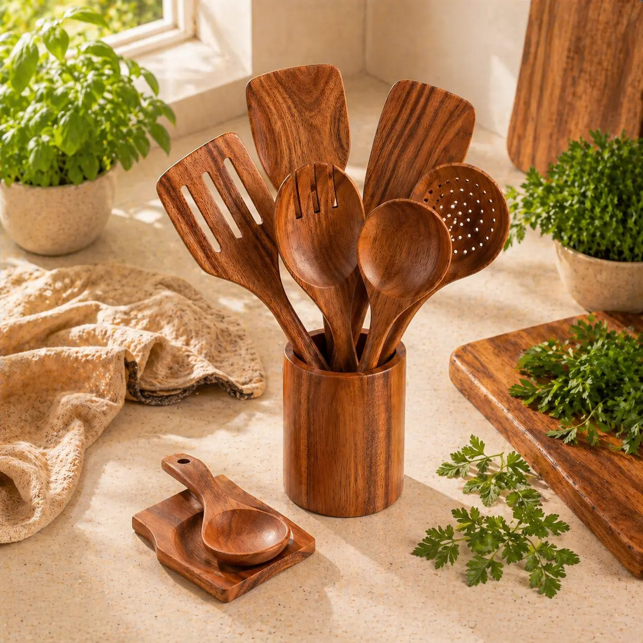 Teak Wood Kitchen Utensil Set — 9 Piece with Holder