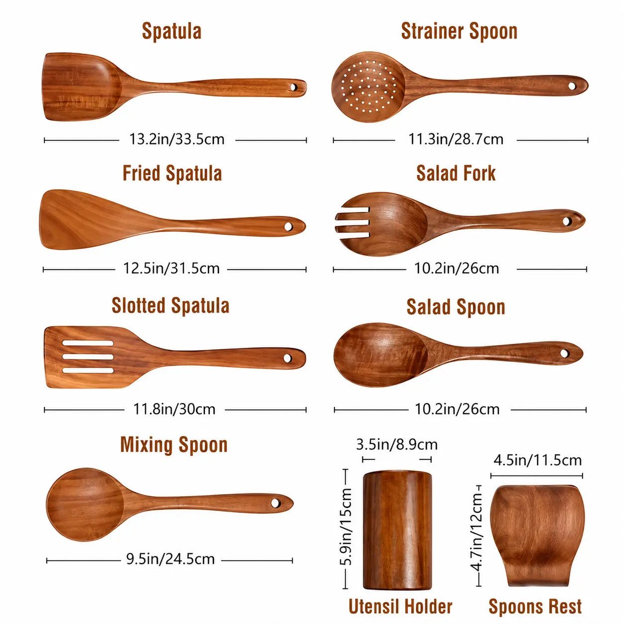 Teak Wood Kitchen Utensil Set — 9 Piece with Holder