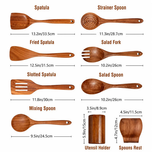Teak Wood Kitchen Utensil Set — 9 Piece with Holder
