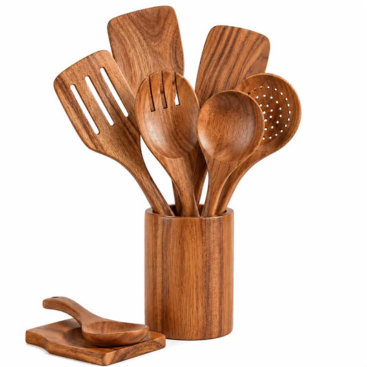 Teak Wood Kitchen Utensil Set — 9 Piece with Holder