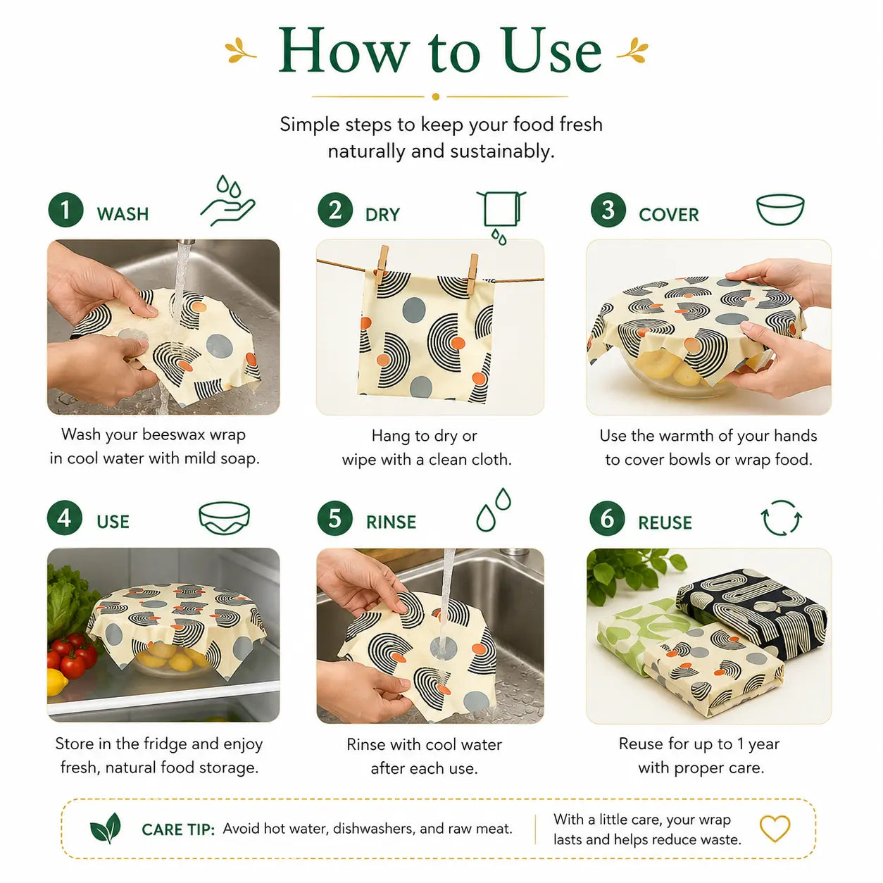 Beeswax Food Wraps — Reusable Set | Plastic-Free Kitchen Storage